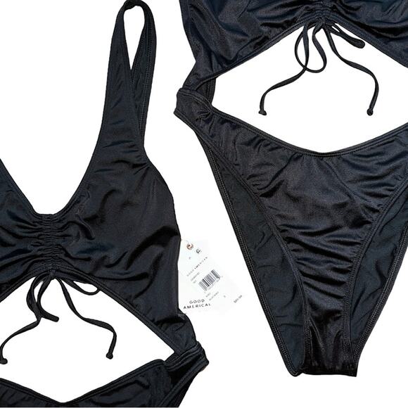 NWT Good American Black Ruched Cutout One Piece Swimsuit Size 3 Large Retail $85 - Picture 3 of 8